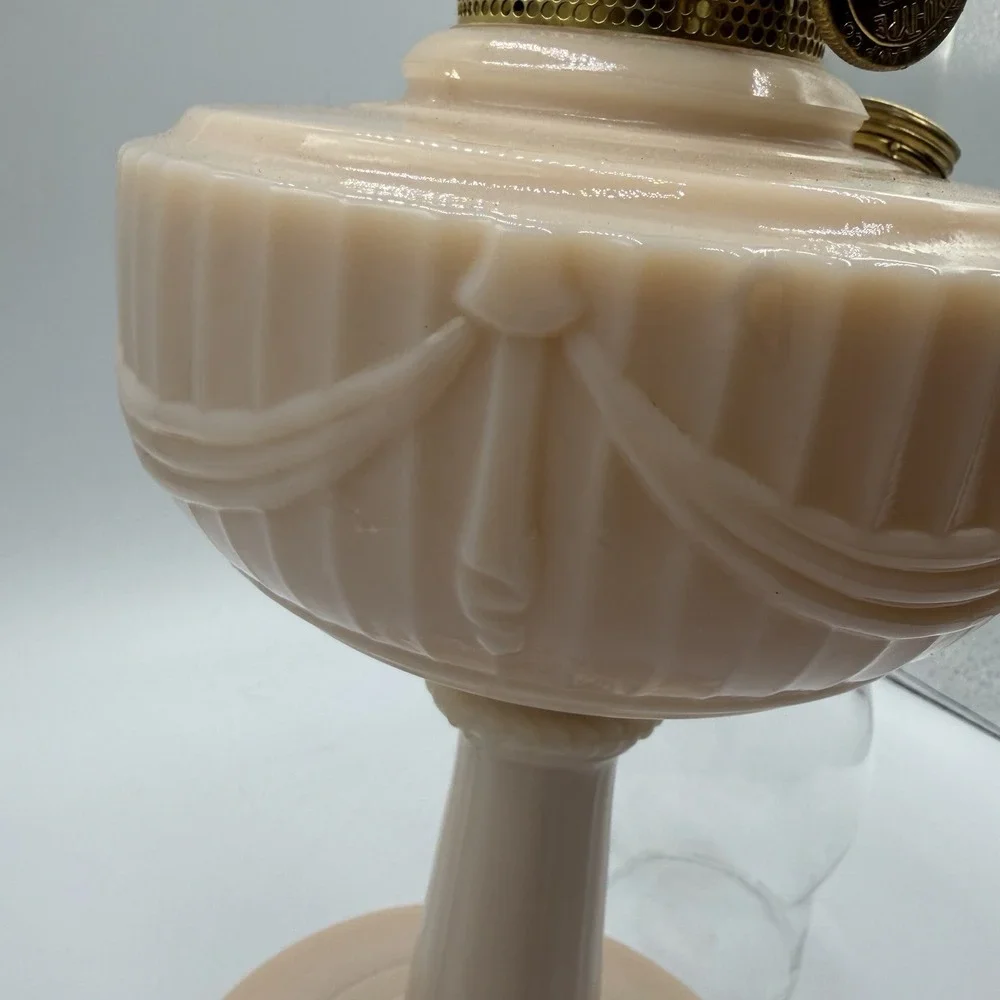 Vtg Aladdin Pink Alacite Uuranium Glass Oil Lamp Model B Tall Lincoln Drape Glow